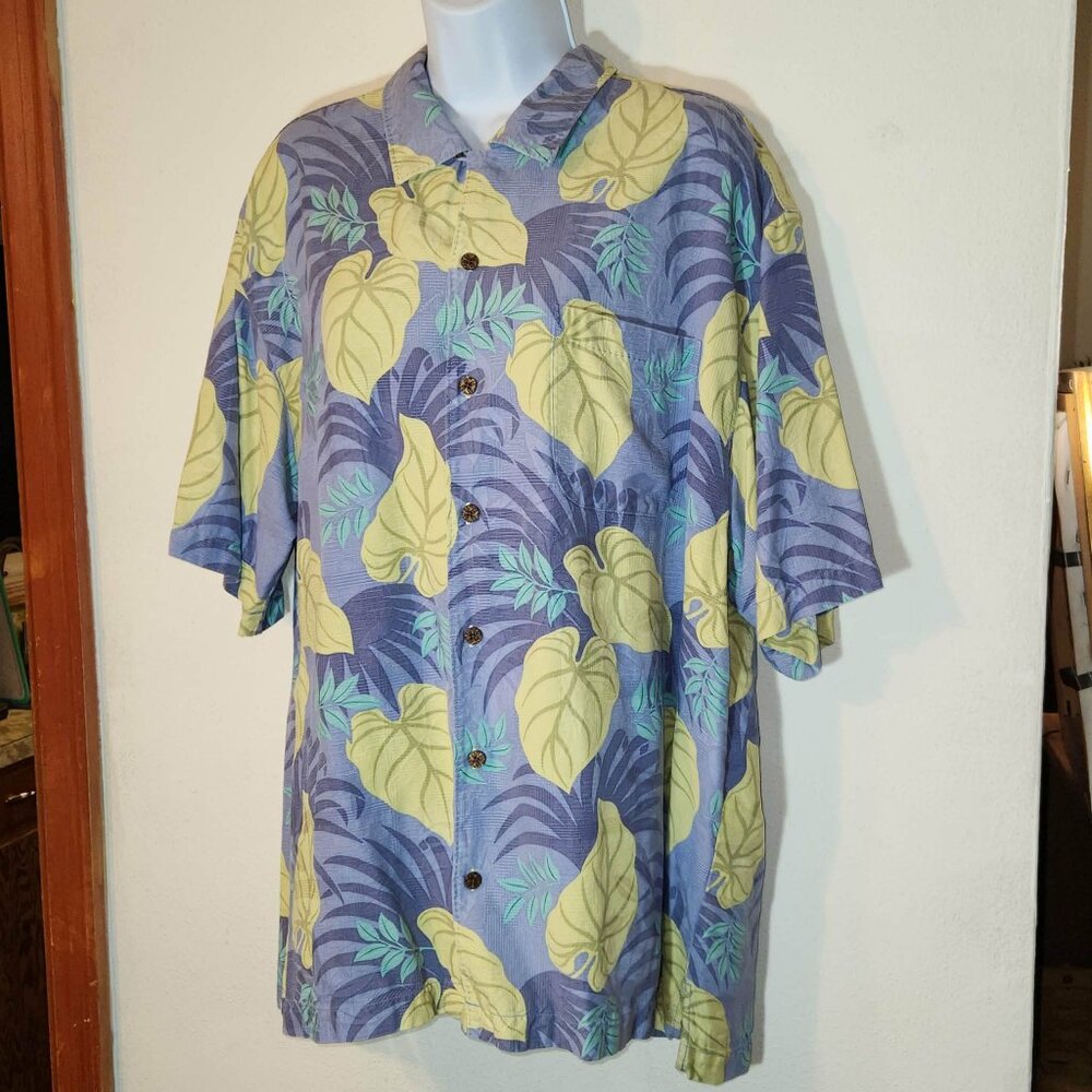 Tommy Bahama Men's Silk Short Sleeve Button Up Blue Yellow Palm Tree Large